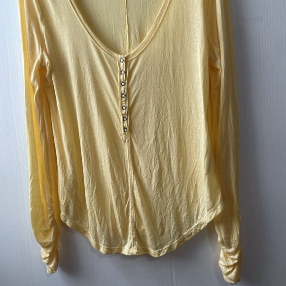 Anthropologie Pilcro Modal Yellow Ruched Sleeves Boho Semi Sheer Top Sz L - Picture 14 of 15